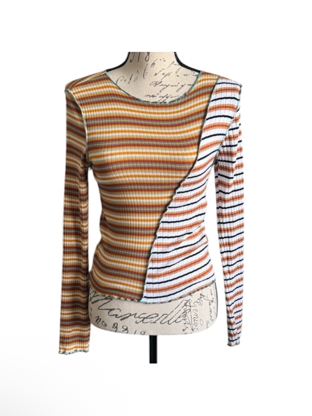 BDG Asymmetric Striped Ribbed Long-Sleeve Top in Brown, White and Orange